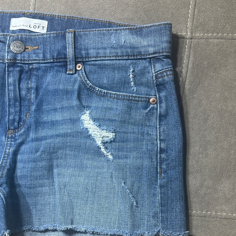 LOFT Classic Blue Distressed Jean Shorts - Picture 4 of 12